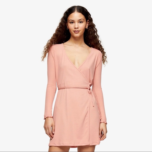 Topshop Long Sleeve Seersucker Wrap Mini Dress - Picture 7 of 11